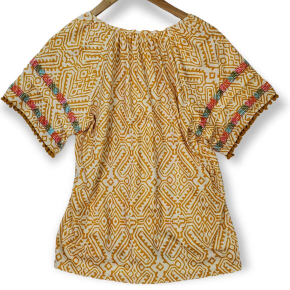 Anthropologie THML SZ S Gold & White Embroidered Top Pom Pom Sleeves Boho - Picture 4 of 7